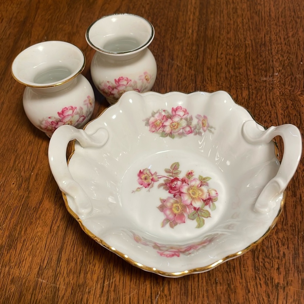 SET ✨ Gerold Porzellan Tettau Floral Porcelain Bowl with 2 Vases